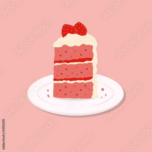 Colorful sweet cake slice. A piece of cake for happy birthday, weddings, celebrations, greeting, valentine's day invitation cards. Cute strawberry cake on plate. Vector illustration in flat style.