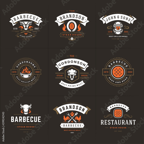 Grill and barbecue logos set vector illustration steak house or restaurant menu badges with bbq food silhouettes