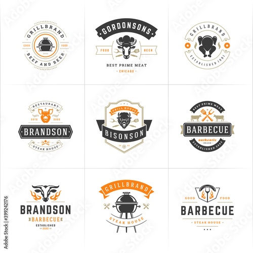 Grill and barbecue logos set vector illustration steak house or restaurant menu badges with bbq food silhouettes