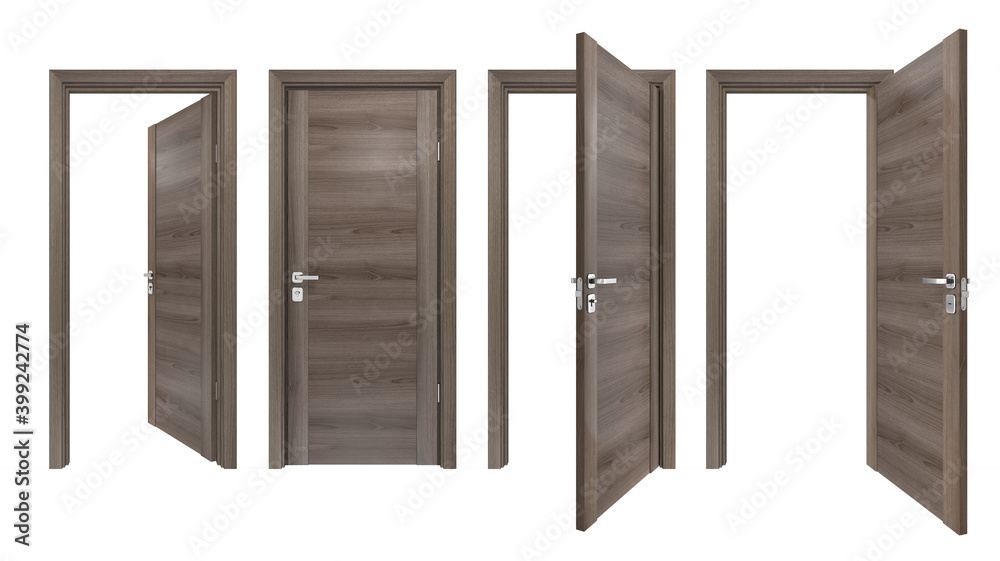 Modern set of solid wooden doors with high resolution grey oak texture. 3D rendering of minimalist style brown wood closed, open inside, outside doorways for home interior design Modern set of solid wooden doors with high resolution grey oak texture. 3D rendering of minimalist style brown wood closed, open inside, outside doorways for home interior design