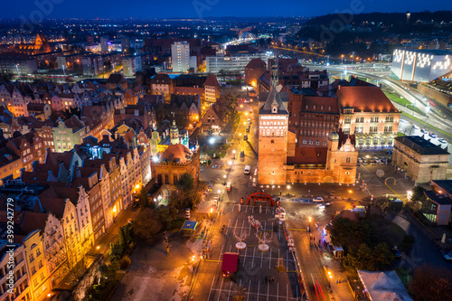 Aerial view of the Gdansk city at dusk, Poland