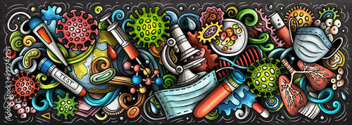 Coronavirus hand drawn cartoon doodles illustration. Colorful raster banner © balabolka