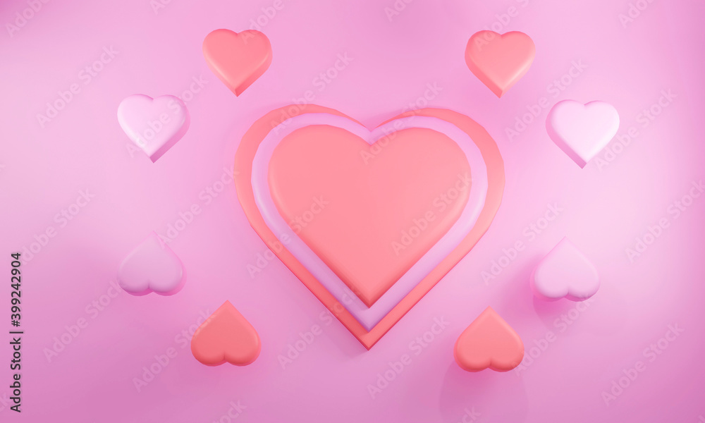 Studio with pink hearts, symbol of love. Holiday greeting card for Valentine's Day - 3d illustration.