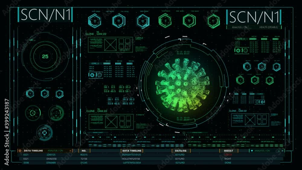 CGI holographic interface of coronavirus rotating as data and numbers flickering on screen. Covid-19 research concept CGI holographic interface of coronavirus rotating as data and numbers flickering on screen. Covid-19 research concept