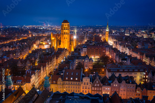 Aerial view of the old town of Gdansk by night, Poland