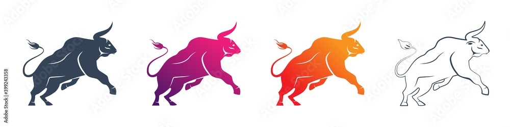 Obraz premium Set of majestic bull profile side view icons. Taurus Zodiac sign. Domestic cow, side view. Ox Sacred animal, astrology vector flat design icon. Symbol of the year 2021