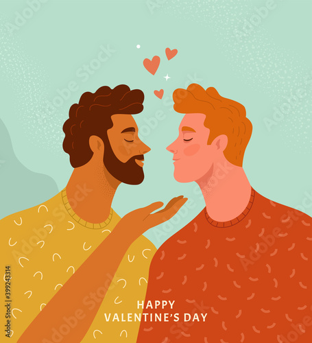 Happy Valentine's Day Greeting Card for gays. Vector illustration of two men in yellow and red t-shirts facing each other. Isolated on light blue background