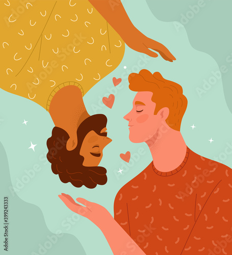 Homosexual couple concept. Vector illustration of two men in yellow and red t-shirts facing each other. Isolated on light blue background