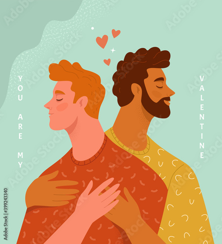 "You are my Valentine" greeting card for gays. Vector illustration of two hugging men in yellow and red t-shirts in trendy flat style. Isolated on light blue background