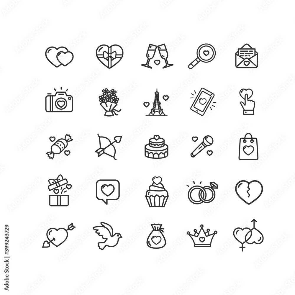 Valentine Love Sign Thin Line Icon Set. Vector