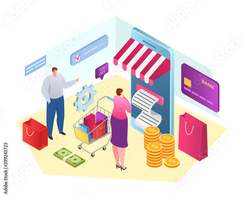 People use internet service, isometric buy with check bill vector illustration. Online payment receipt, business money safe at shopping. Man woman use electronic technology, transaction by phone.