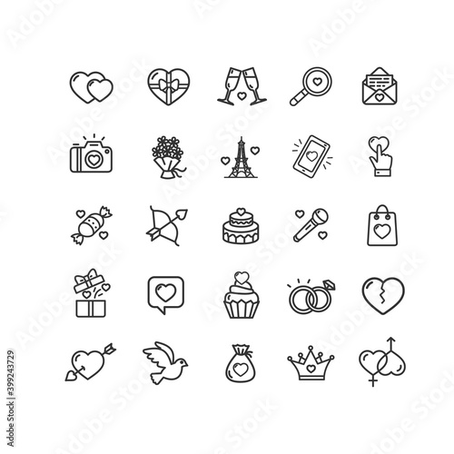 Valentine Love Sign Thin Line Icon Set. Vector