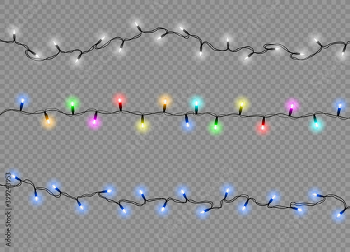 Set of christmas lights isolated realistic design elements. Glowing lights for Xmas Holiday cards, banners, posters, web design. Garlands decorations. Vector illustration.