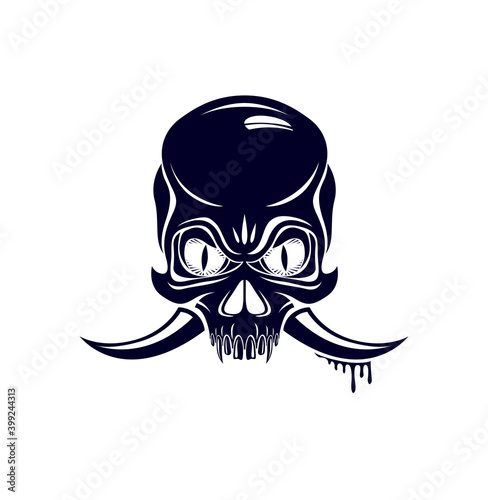 Devil sign horned skull vector illustration classic style tattoo, dead scull with animal horns.