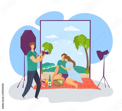 Photo studio design, young couple make photography at camera vector illustration. Man work with professional equipment. Happy flat photographer at modern shooting session with model.