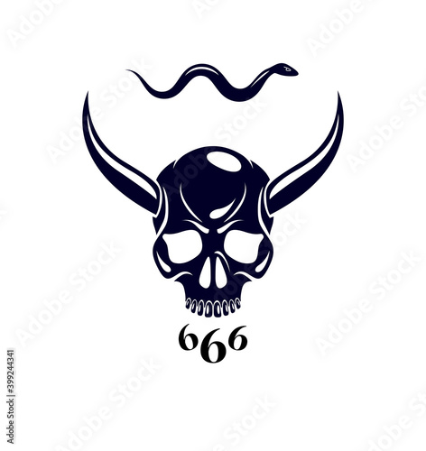 Devil sign horned skull vector illustration classic style tattoo, dead scull with animal horns.