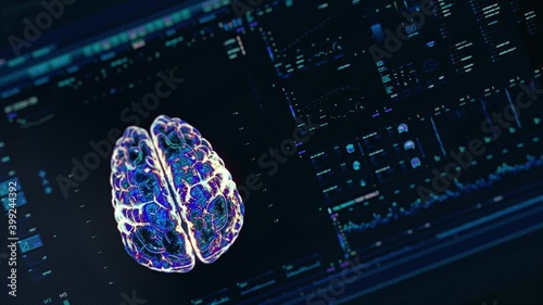 Perspective holographic interface analyzing human brain anatomy and morphology. Medical profile of patient, brain lobes, neuron cell animation. Nerve impulses, EEG, electrical activity of the brain.