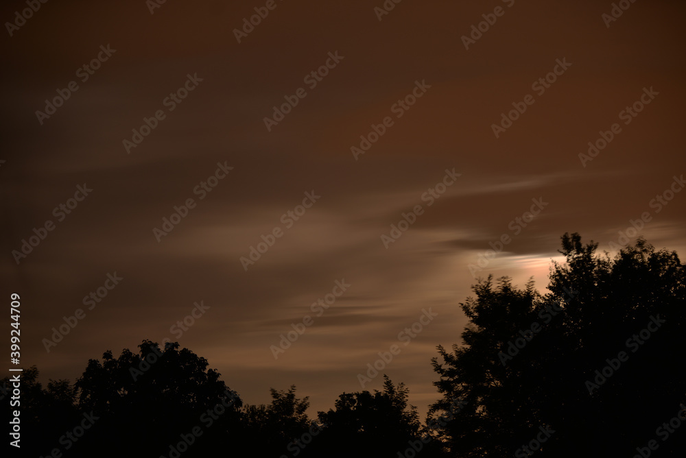 moon through clouds. photographed with exposure time. clouds in the dark. forest silhouette at night