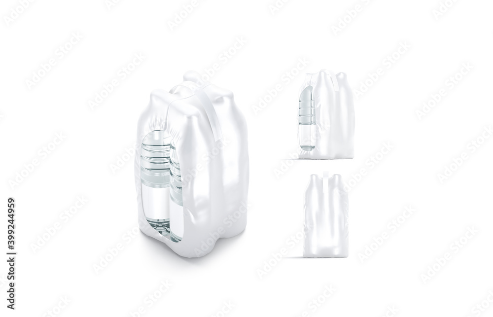 Blank plastic bottle in transparent shrink wrap mockup, different views Blank plastic bottle in transparent shrink wrap mockup, different views