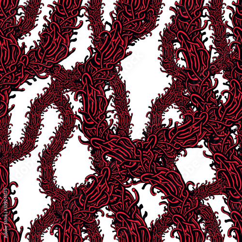 Disgusting horror art and nightmare seamless pattern, vector background. Tangled branches or roots stylish endless illustration. Usable for fabric, wallpaper, wrapping, web and print.