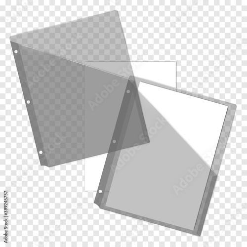 Hole punched clear plastic file jackets with blank white paper sheets on transparent background, vector mock-up. Document holder, template