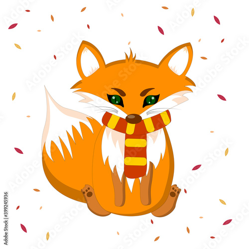 vector illustration, fox character in scarf, in autumn entourage, autumn illustration