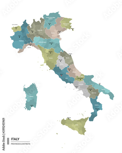 Italy higt detailed map with subdivisions. Administrative map of Italy with districts and cities name, colored by states and administrative districts. Vector illustration.