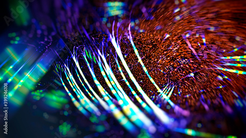 abstract composition of neon blue-green squiggles and reddish-brown spots on a dark background, blurred image, 3D rendering