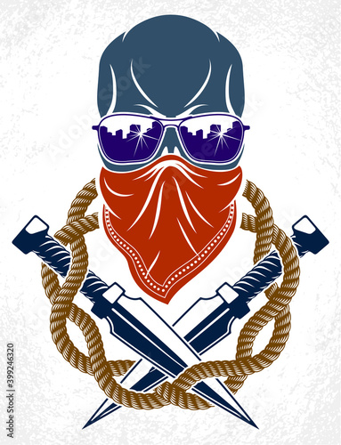 Revolution and Riot wicked emblem or logo with aggressive skull, vector tattoo, anarchy and chaos, rebel partisan and revolutionary.