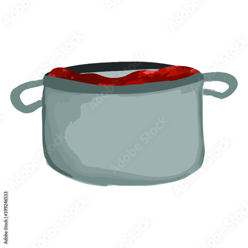 Isolated illustration of cartoon grey saucepan with tomato or borscht soup