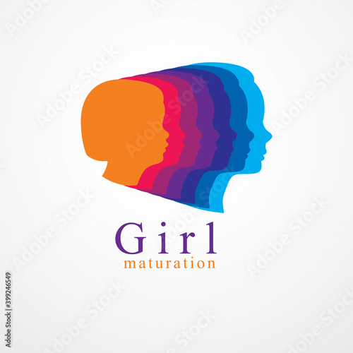 Girl growing to adult age years concept illustration, from child to teen and woman, period and cycle of life, getting old, maturation and aging. Vector simple classic icon or logo design.