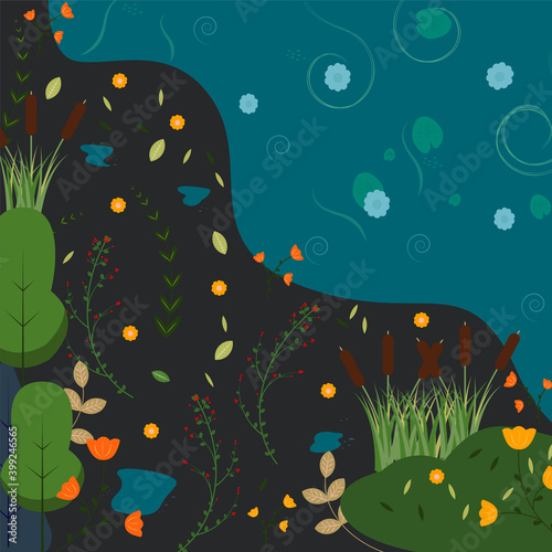 vector illustration forest and river, flowers on a dark background