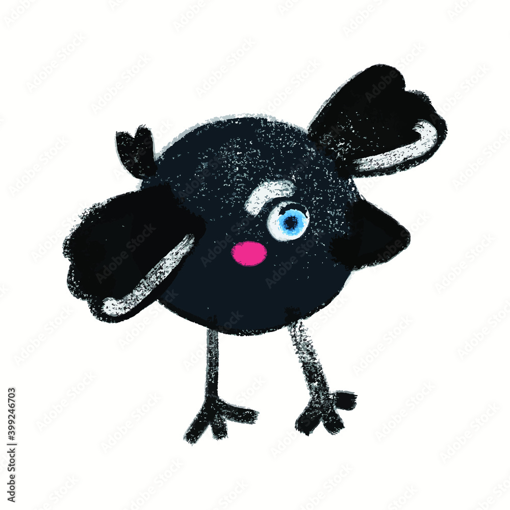 Illustration of isolated funny cartoon circle dark bird. 