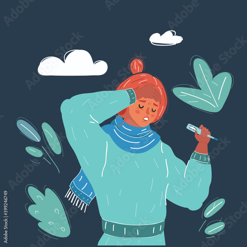 Closeup portrait of young ill woman checking her body temperature