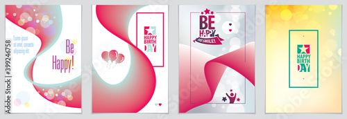 Birthday joyful and bright vector greeting card. Includes lettering composition and balloons combined with wavy fluid colorful shape abstract backgrounds collection. 