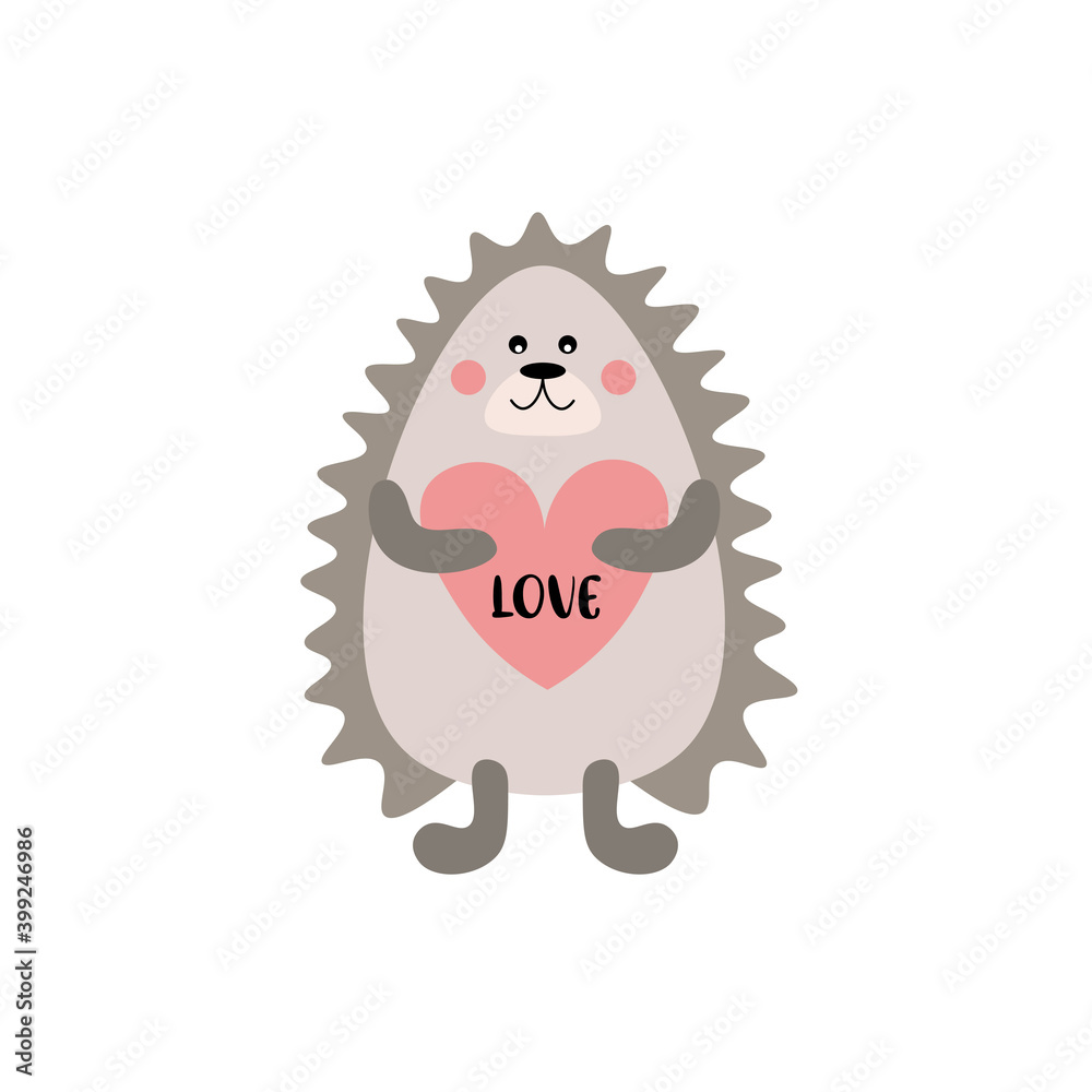 Kids cartoon illustration of a cute baby hedgehog. Valentine's day. Baby valentine. Baby shower. Love. Nursery  art. 