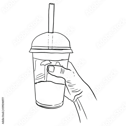 Outline sketch of hand hold drink in a plastic glass with a straw. Vector illustration