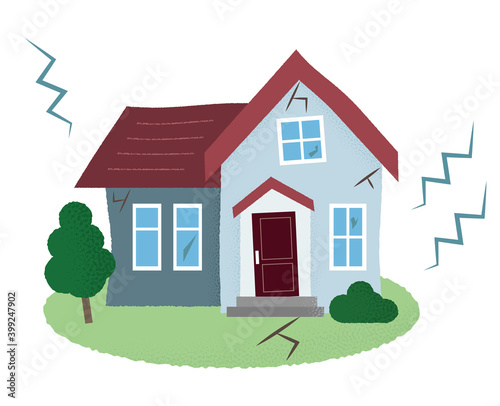 地震の被害に遭う住宅のベクターイラスト