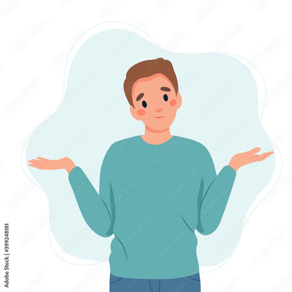 Man shrugging with a curious expression, doubt or question, vector illustration in flat style Man shrugging with a curious expression, doubt or question, vector illustration in flat style