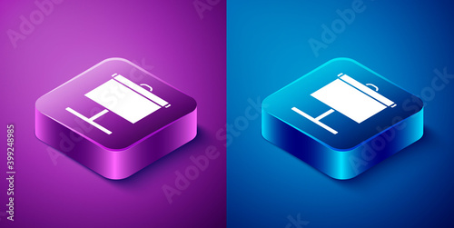 Isometric Projection screen icon isolated on blue and purple background. Business presentation visual content like slides, infographics and video. Square button. Vector Illustration.