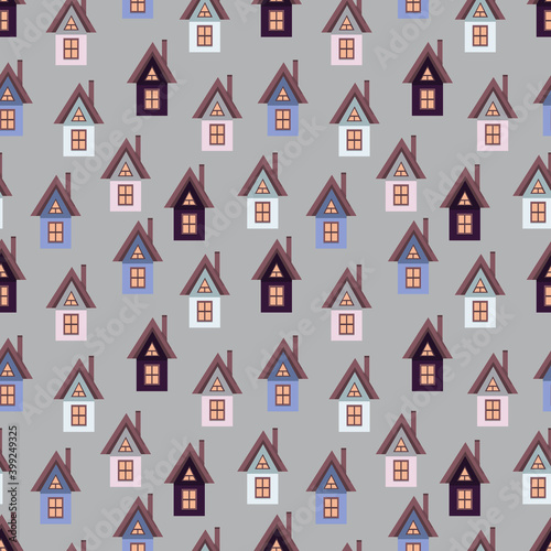 vector seamless pattern with cute colorful houses on a background