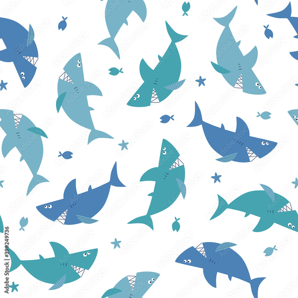 Seamless pattern with cartoon sharks and fish. Vector children's illustration. Marine theme. For the design of textiles, fabric, wallpaper, wrapping paper. Seamless pattern with cartoon sharks and fish. Vector children's illustration. Marine theme. For the design of textiles, fabric, wallpaper, wrapping paper.