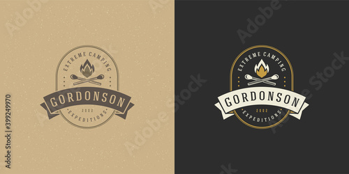 Campfire logo emblem vector illustration outdoor forest camping with marshmallow bonfire silhouettes
