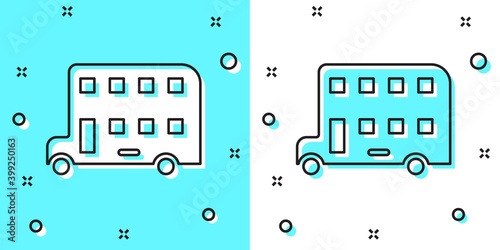Black line Double decker bus icon isolated on green and white background. London classic passenger bus. Public transportation symbol. Random dynamic shapes. Vector.