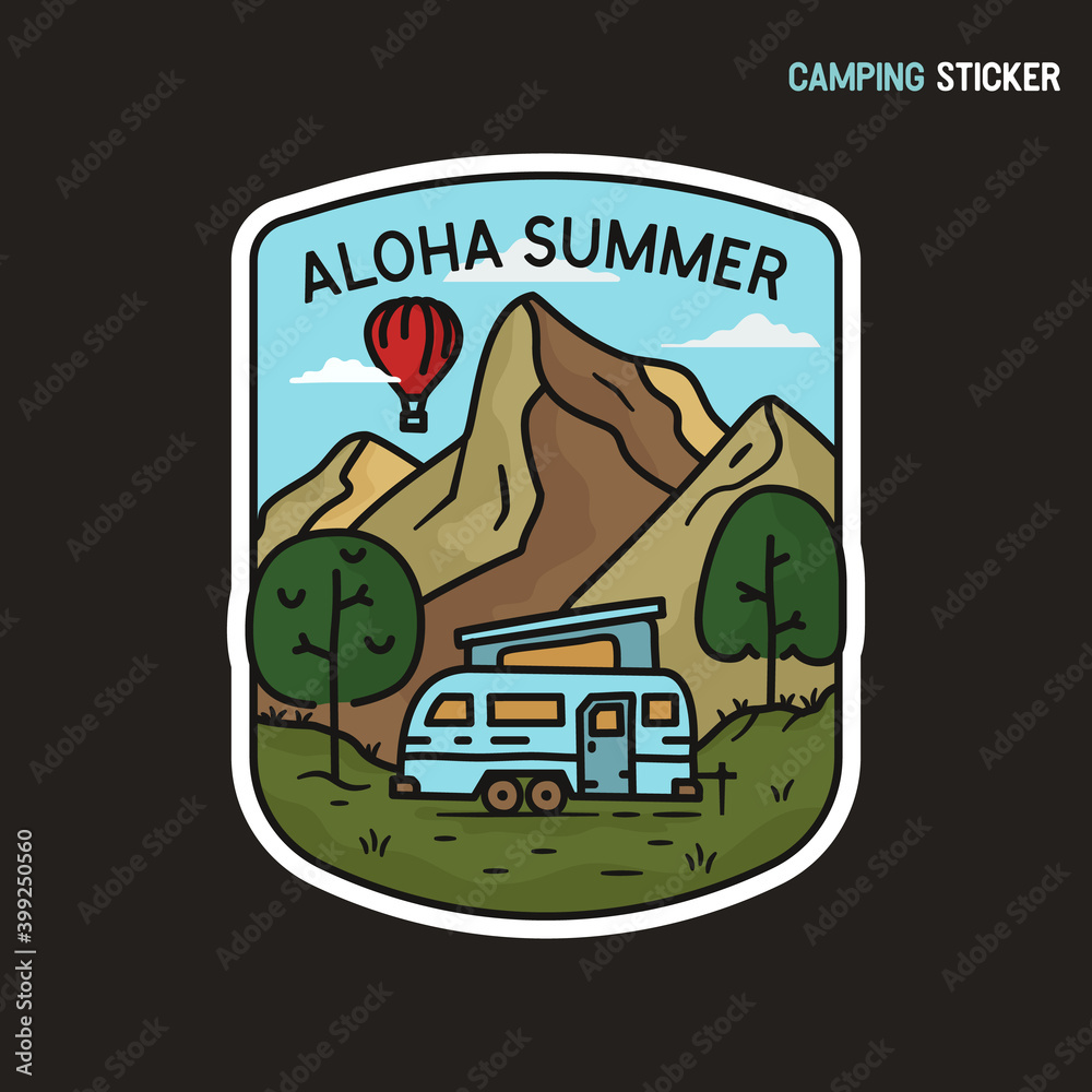 Camping adventure sticker design. Travel hand drawn logo emblem. State park label isolated. Stock vector Aloha summer graphics