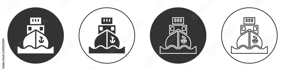 Black Cargo ship icon isolated on white background. Circle button. Vector. Black Cargo ship icon isolated on white background. Circle button. Vector.