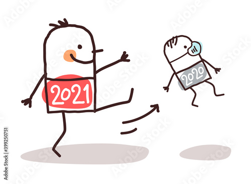 Cartoon Big 2021 Man Kicking Out a Small 2020 with Mask