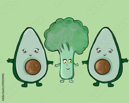 Drawn healthy foods: two halves of an avocado and broccoli. The products are drawn like cartoon characters. The background is green. photo