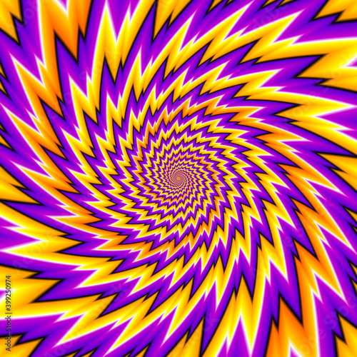 Yellow and purple background with orange spirals. Spin illusion.