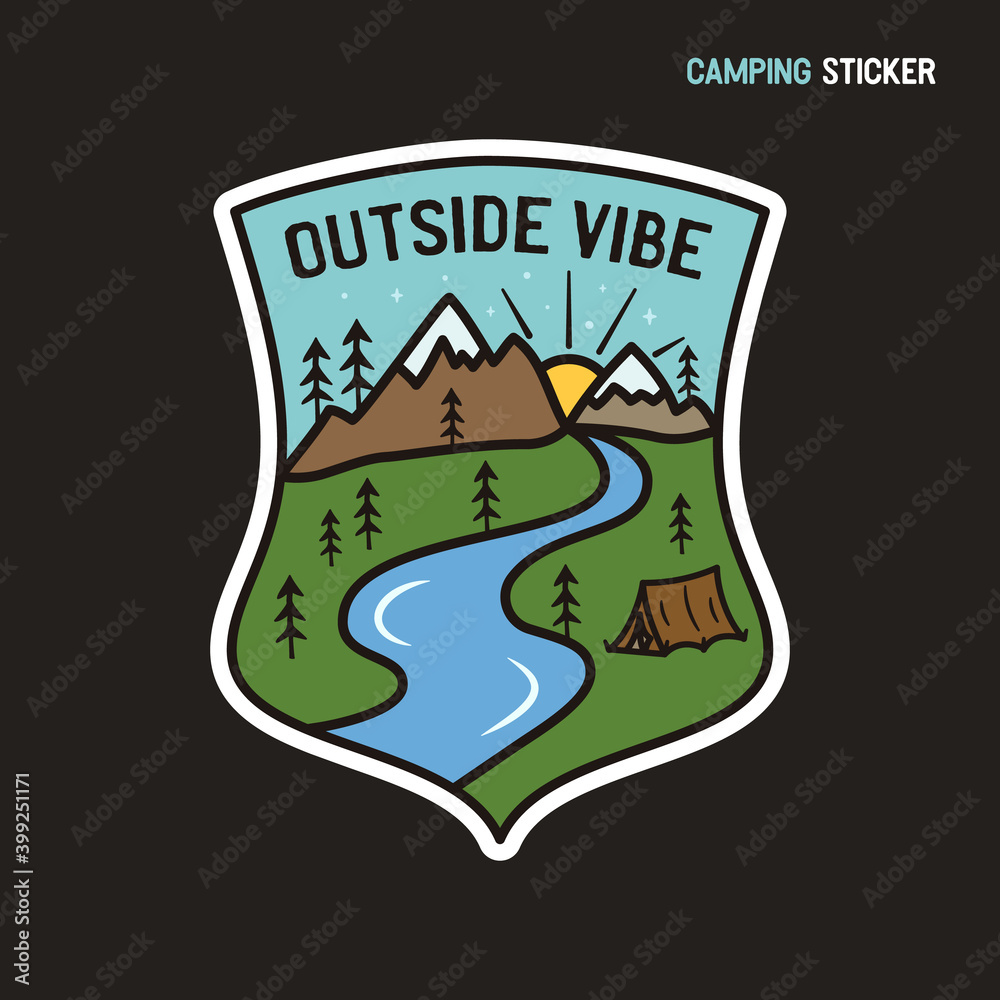 Camping adventure sticker design. Travel hand drawn logo emblem. State park label badge. Stock vector Outside vibe graphics